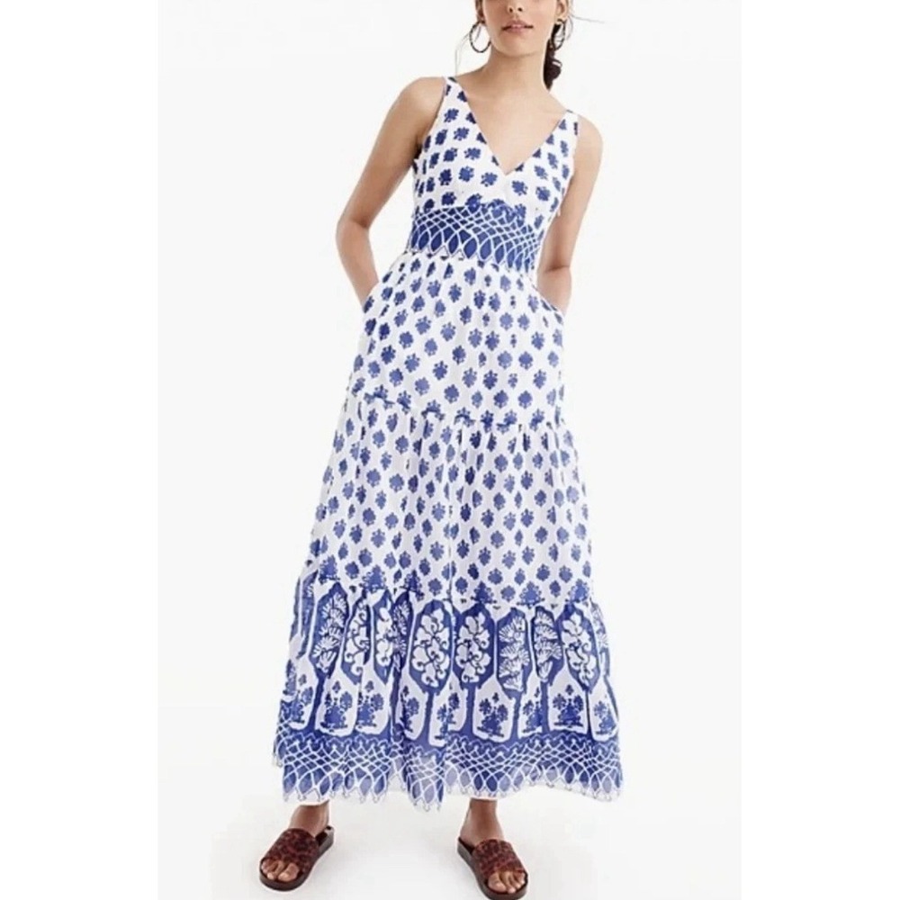 J.Crew Santorini Maxi Dress 8 Blue White Mediterranean Tile Block Print Cottage